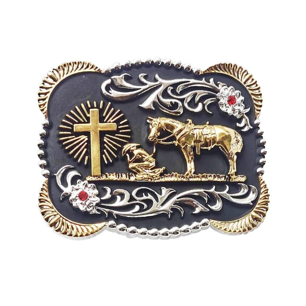 7644 Retro Celtic Pattern Horse Horseman Cross Belt Buckles,Cowboy Kneeling